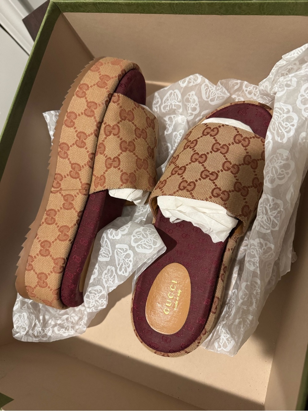 Gucci Beige GG Canvas Slide Mules with Maroon Insole